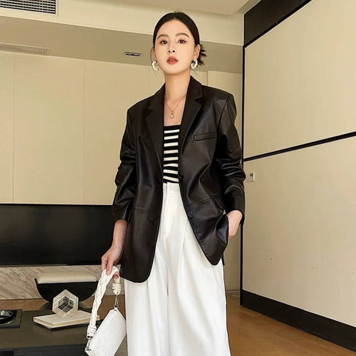 2025新款微阔休闲头层绵羊皮皮衣女外套百搭气质真皮西装款皮夹克