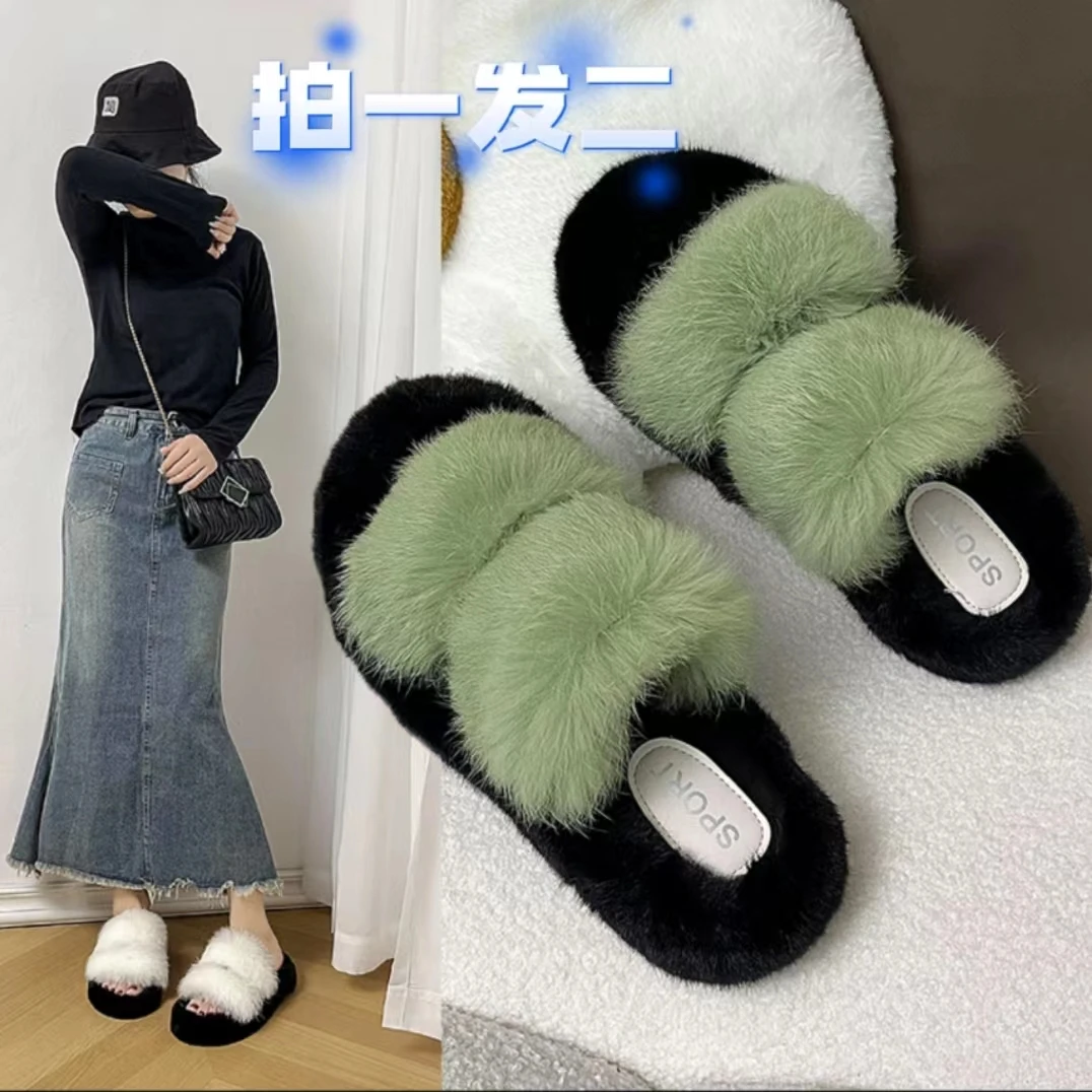 【真兔毛】毛毛拖鞋女2023秋冬新款网红时尚外穿保暖双杠平底一字