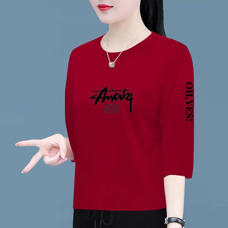 100%纯棉七分袖上衣女春夏新款时尚印花宽松显瘦不规则休闲t恤女