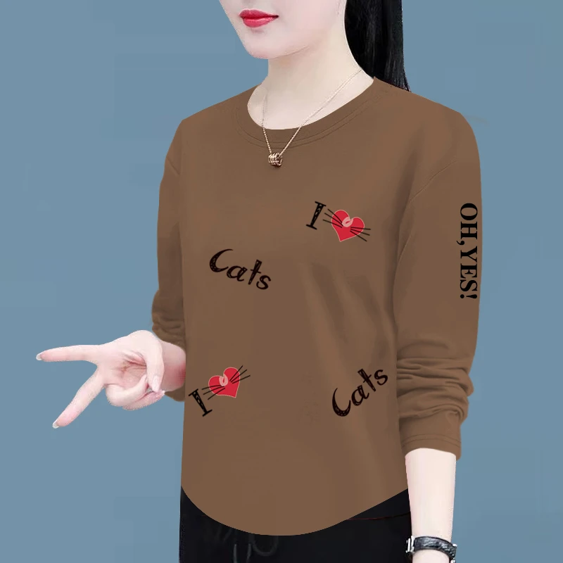 100%纯棉长袖上衣女装春秋新款休闲百搭显瘦宽松不规则休闲t恤女