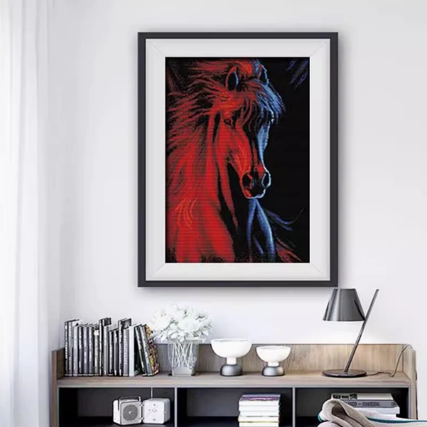 纯手工十字绣成品冰与火马到成功红色马头动物类客厅装饰挂画出售