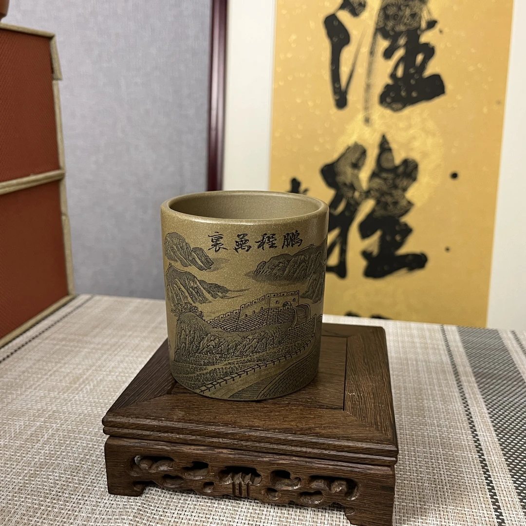 【汇雅馆】约200cc宜兴原矿紫砂青段直筒杯高档刻绘长城茶杯主人杯