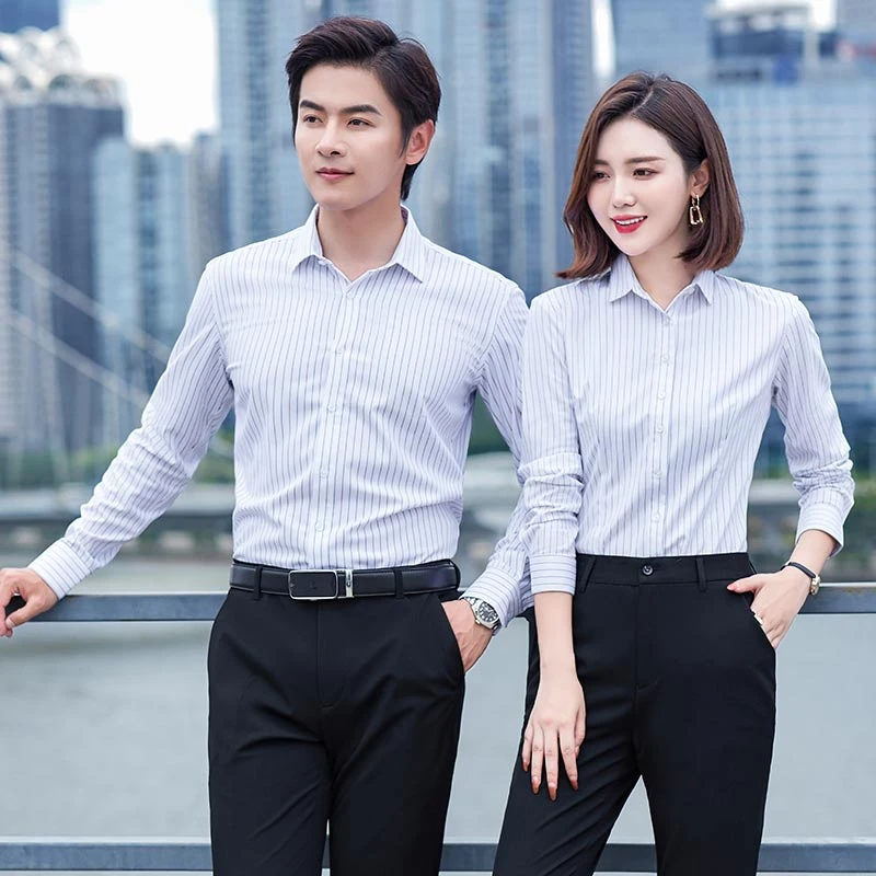 白色条纹弹力免烫清凉休闲职业男女衬衫长袖商务工作服衬衣上衣