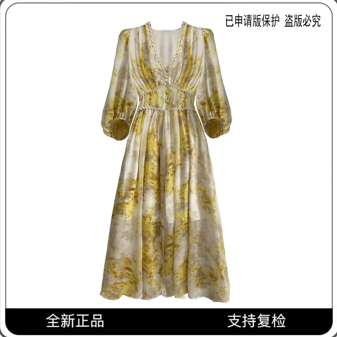 3166#CSIN法式复古V领收腰显瘦女装连衣裙2025夏优雅短袖重工裙子