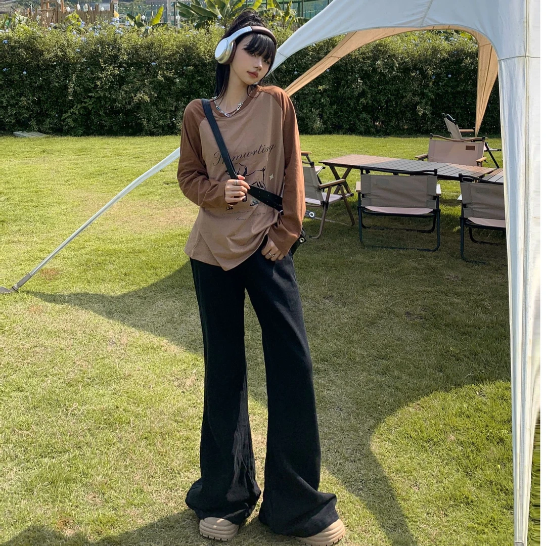 OROI双色微喇叭牛仔裤女高腰弹力宽松显瘦长裤直筒牛仔小个子