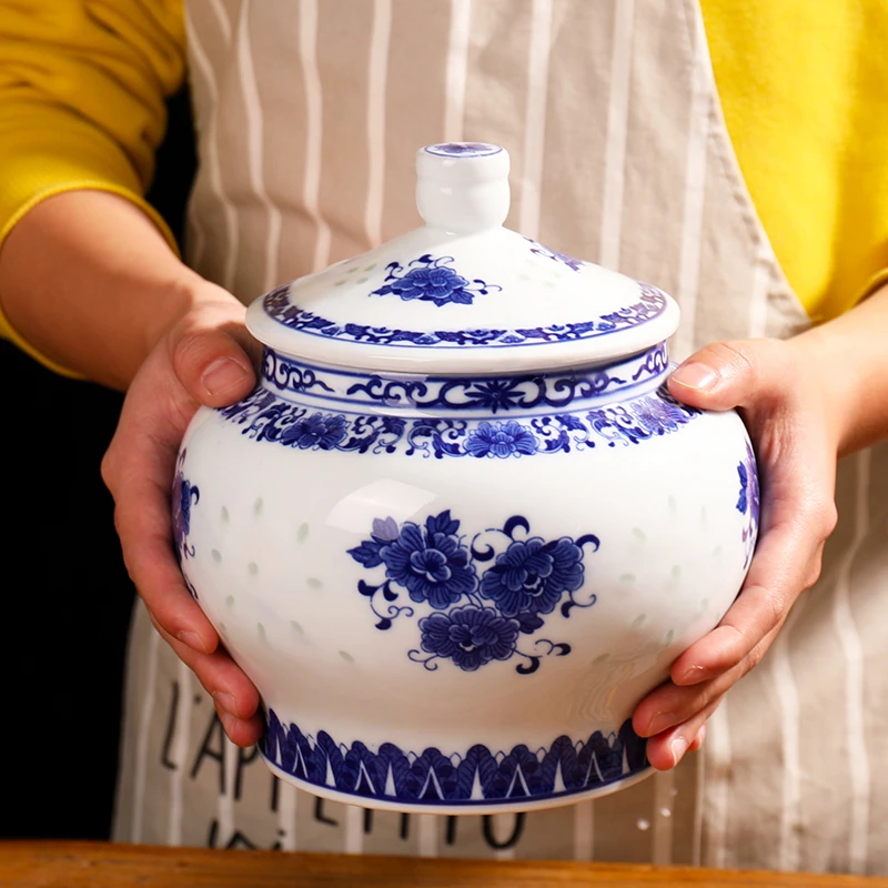 【釉下彩青花玲珑猪油储物罐】陶瓷零食罐带盖景德镇中式茶馆罐
