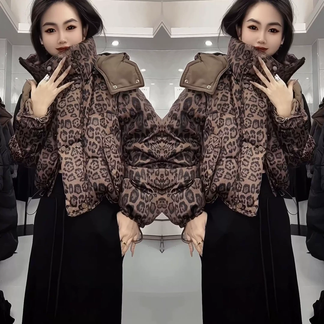 欧洲站网红爆款冬季新款韩版短款洋气连帽保暖女士豹纹棉服外套潮