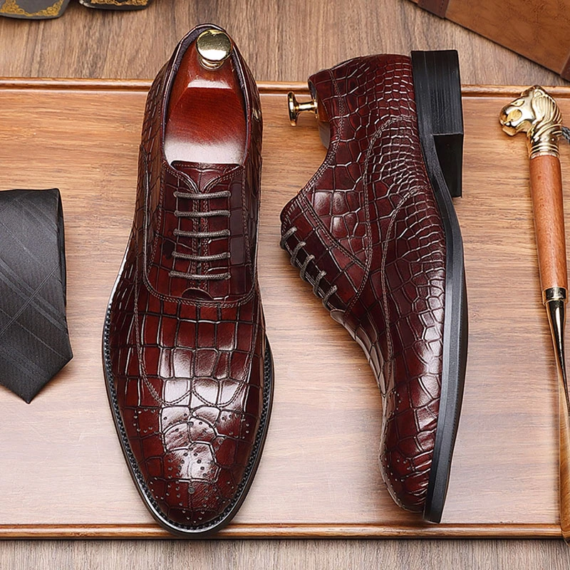 真皮鳄鱼纹皮鞋男士牛皮正装皮鞋英伦风商务皮鞋布洛克雕花牛津鞋