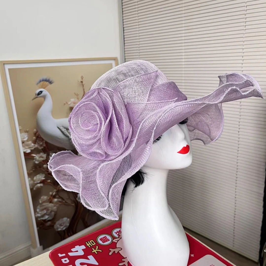 女士夏季麻纱帽遮阳帽沙滩帽轻薄透气遮脸韩版时尚大沿太阳帽复古