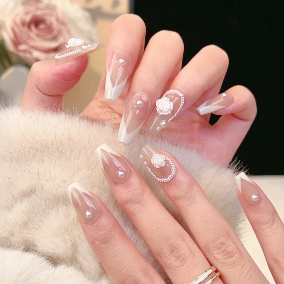 【法式山茶花】纯手工穿戴甲 优雅气质简约 可重复穿戴甲