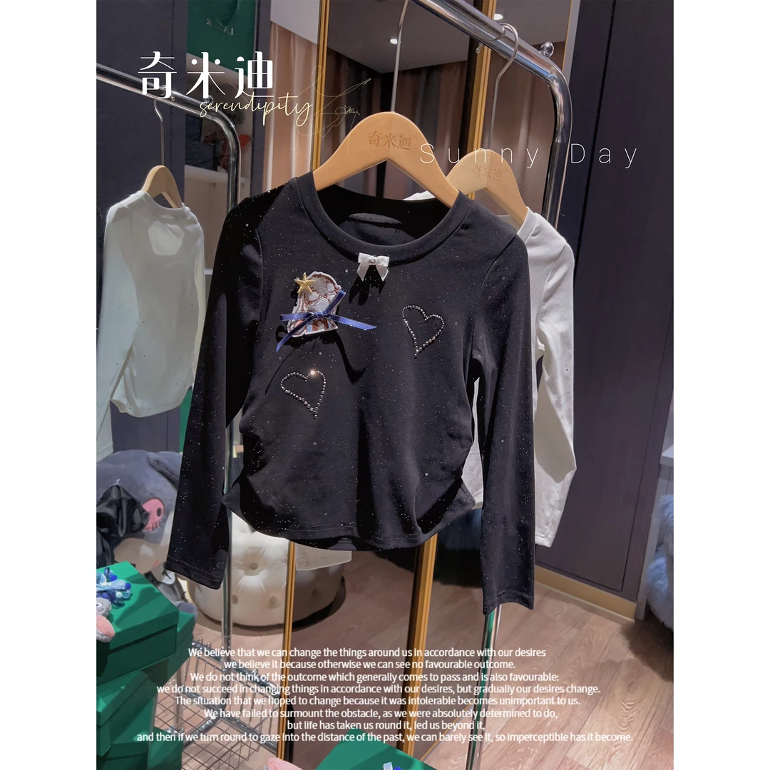 奇米迪女童洛丽塔蝴蝶结烫钻打底衫2024秋季新款儿童长袖T恤31288