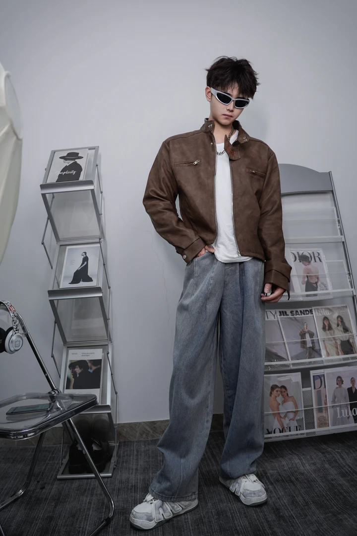 秋冬皮衣潮流棕色休闲百搭皮衣外套美式设计复古短款立领时尚外套