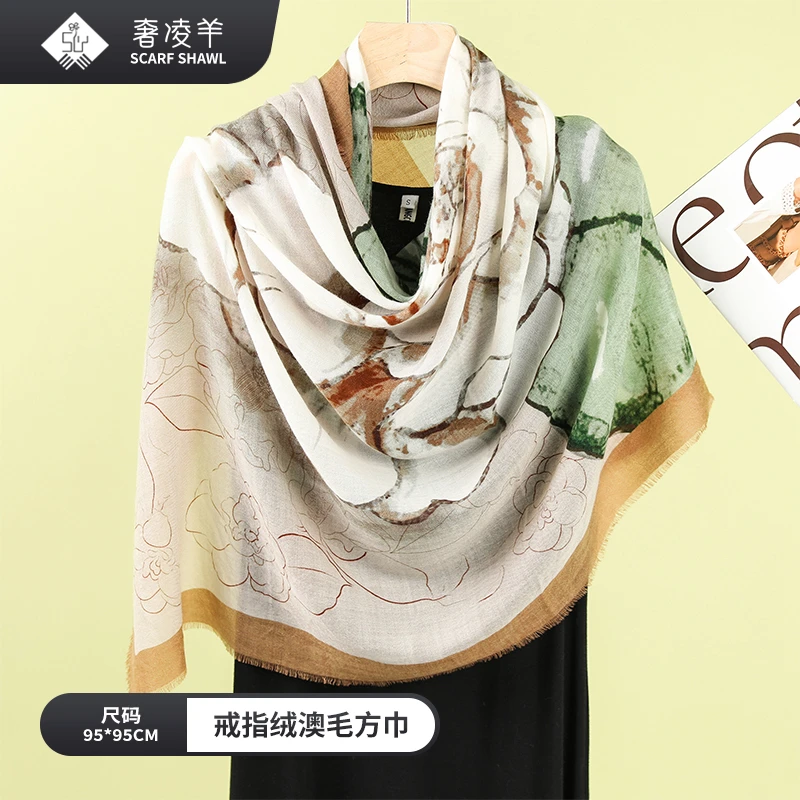 奢凌羊【倾心茶花】时尚百搭女士气质秋冬高档戒指绒澳毛方巾95-95