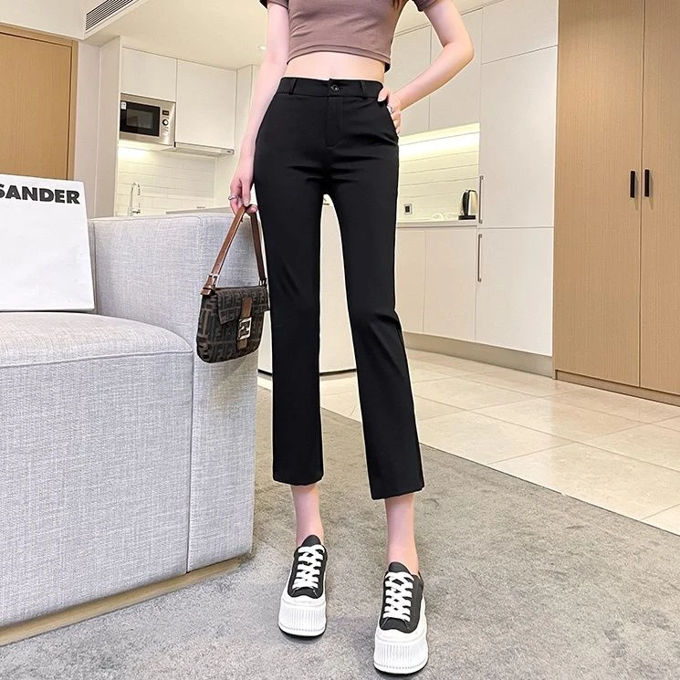 黑色直筒西装裤女春秋新款高腰九分裤显瘦烟管裤休闲后开叉小脚裤