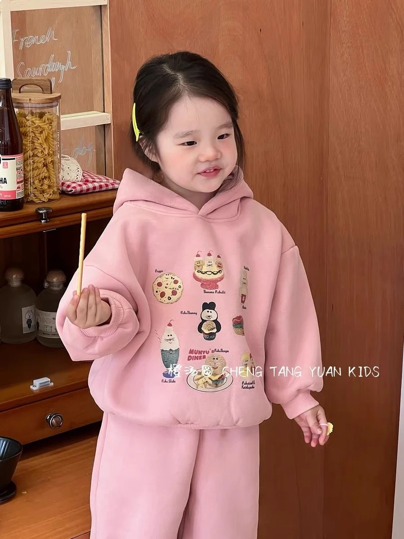 【小扬哥推荐】女童秋冬加绒加厚套装2023新款女宝宝卡通连帽卫衣