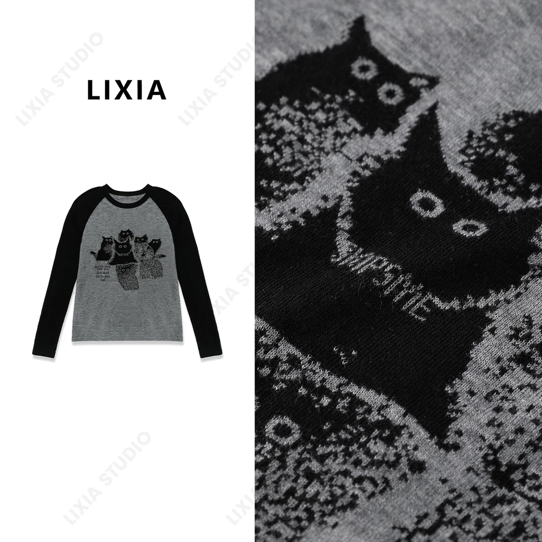 LIXIA【可爱猫】韩版猫咪图案拼色插肩袖针织衫-A6606