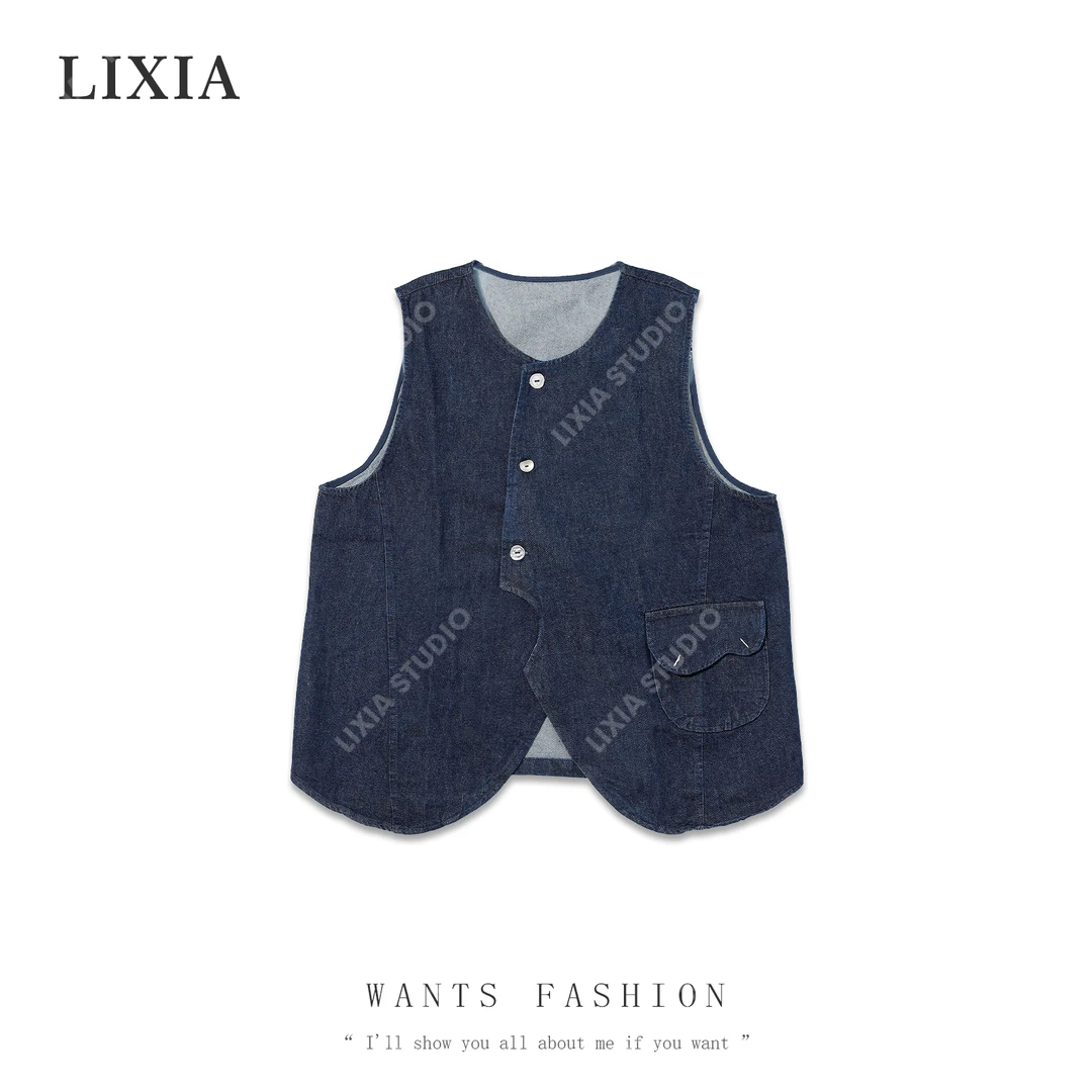 LIXIA【青春学院】小众气质不对称牛仔蓝无袖马甲ins潮款-A6777