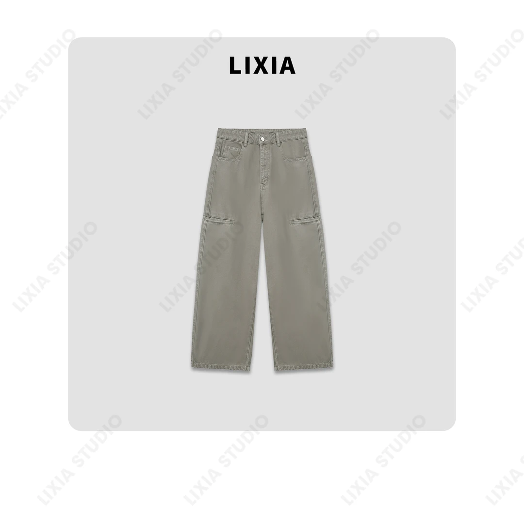 LIXIA【抹茶奶昔】设计感水洗ins风水洗牛仔立裁显腿长裤-A7636