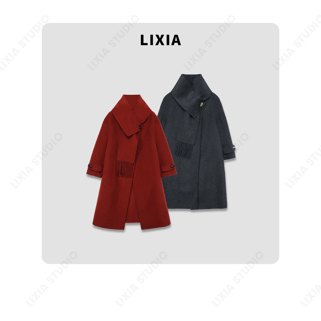 LIXIA【喜气洋洋】纯绵羊毛圆领可拆卸围巾毛衣长款大衣-A8233