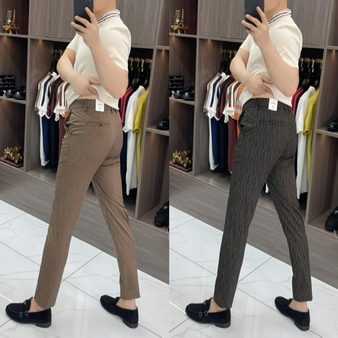 1608薄款波点竖纹长裤男士休闲时尚百搭夏季修身休闲裤弹力小脚裤