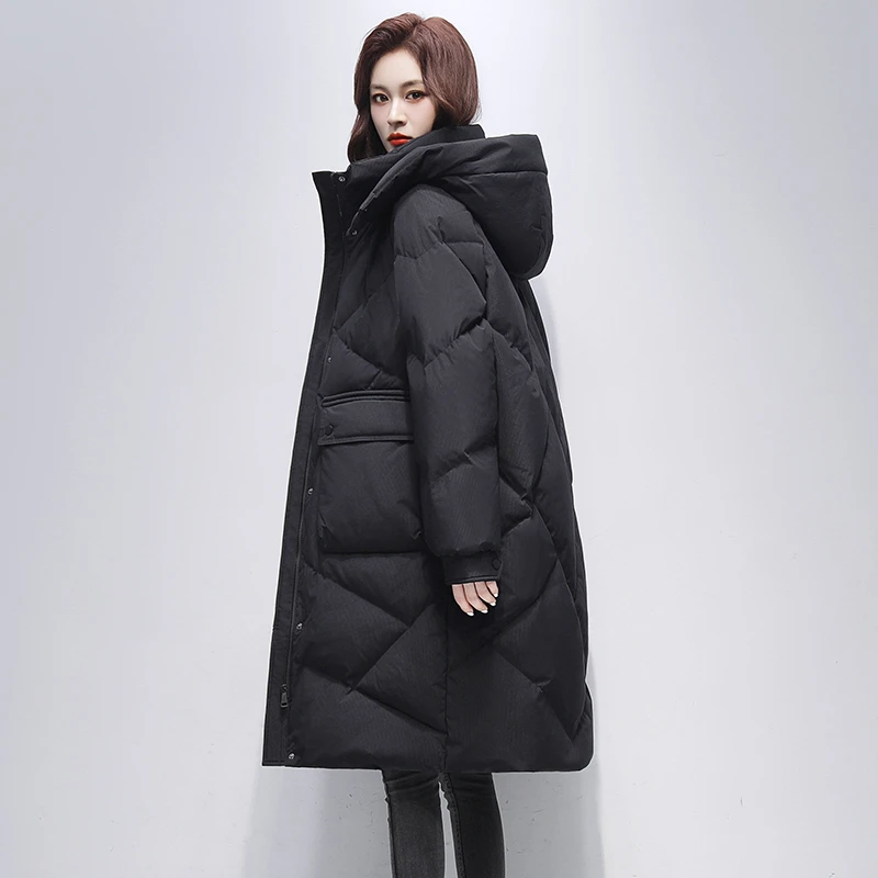 YAYA/鸭鸭羽绒服女2025新款过膝立领连帽大口袋百搭加厚保暖外套