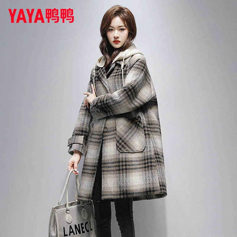 YAYA/鸭鸭羽绒服女中长款2025冬季新款超好看针织连帽呢大衣外套