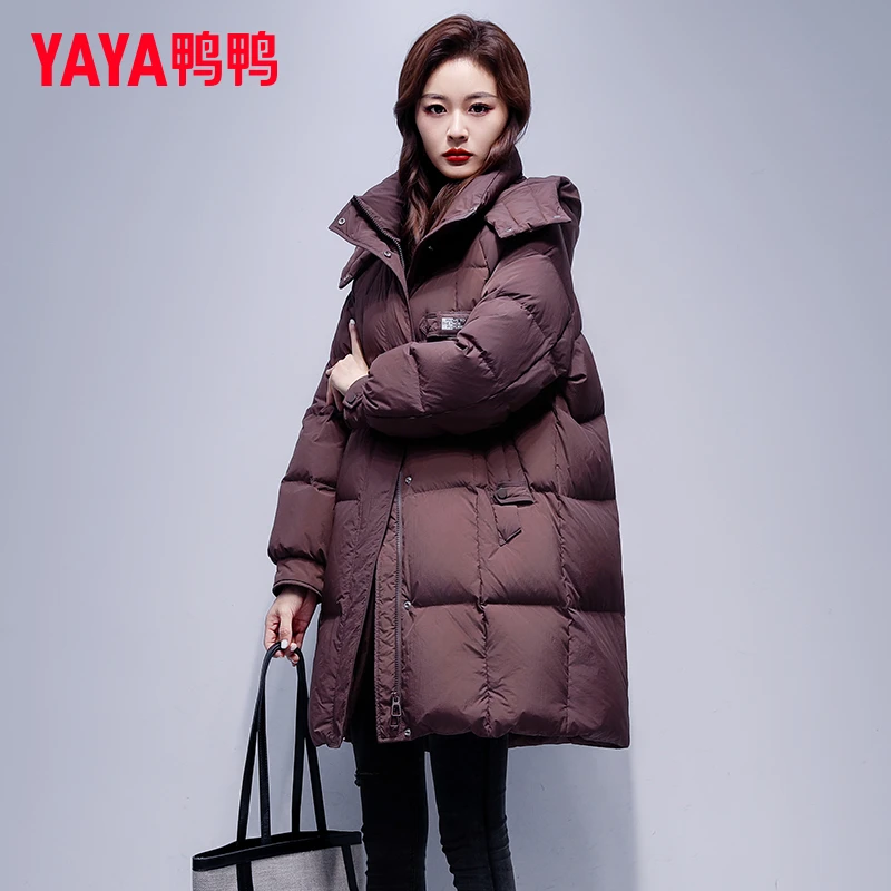 YAYA/鸭鸭中长款羽绒服女冬季2025新款宽松百搭休闲连帽保暖外套