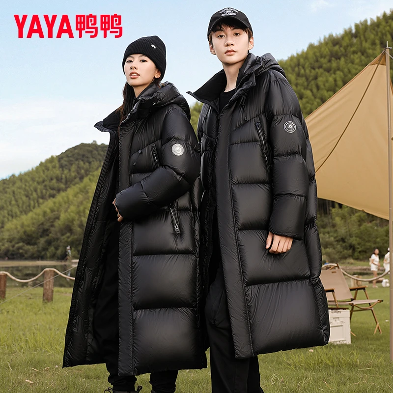 YAYA/鸭鸭情侣过膝长款羽绒服女冬季2025年新款连帽加厚防寒外套