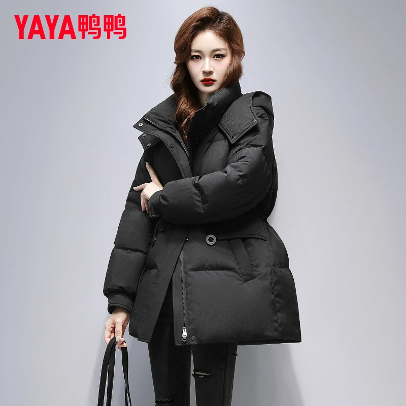 鸭鸭官方正品中长款连帽羽绒服女2025年冬季新款简约休闲时尚外套