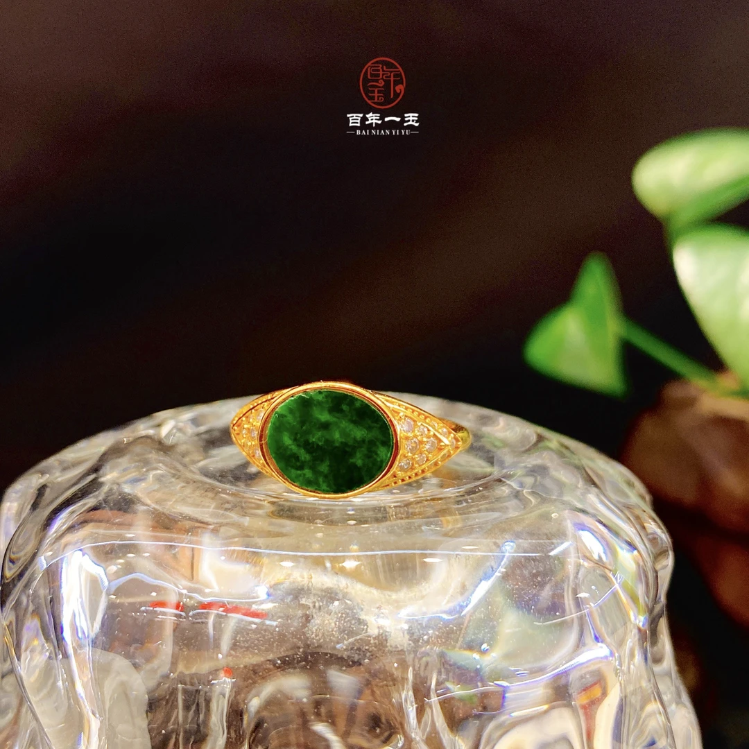 【天使翅膀】天然A货翡翠S925银镀金戒指设计款-9076