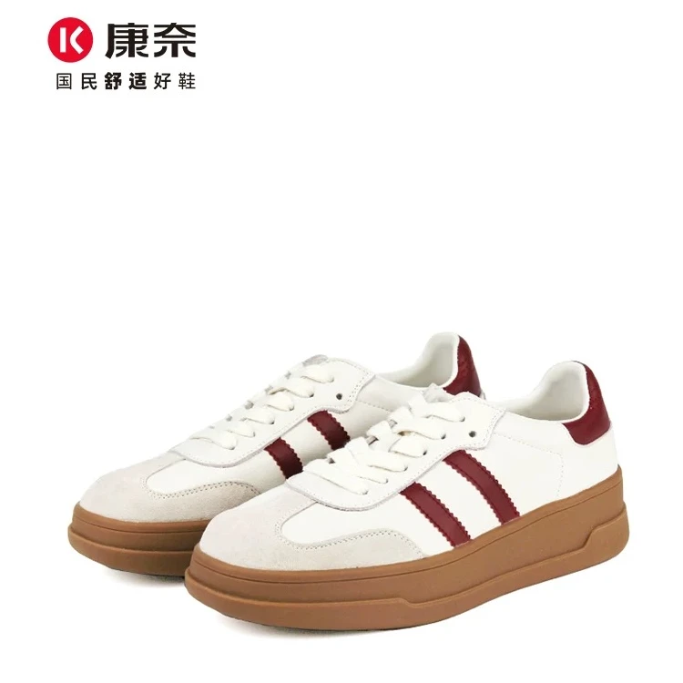 Kangnai/康奈女鞋2024秋46197休闲厚底透气德训系带圆头小白鞋