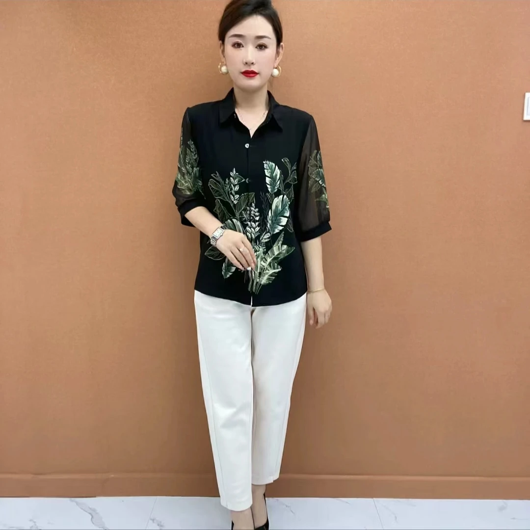 2024新款妈妈夏装衬衫上衣洋气时尚中老年人女装春秋小衫