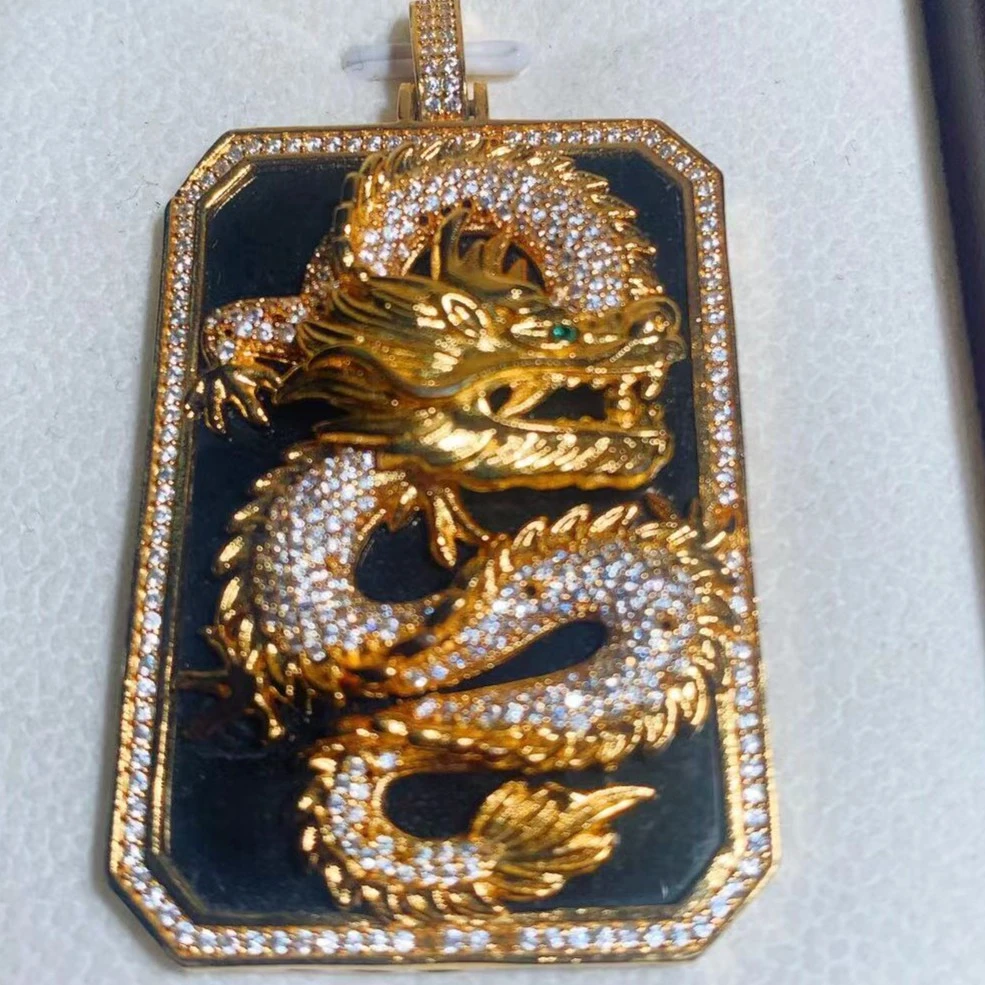 天然和田墨玉一帆风顺大龙牌吊坠龙凤呈祥镶嵌复古配【证书礼盒】