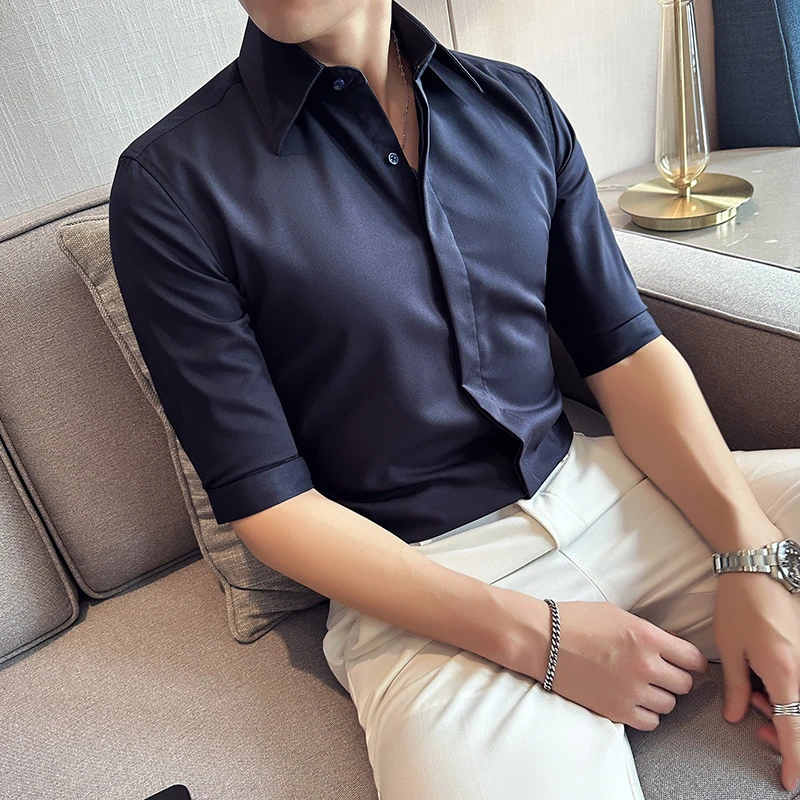 断码少量尖领中袖衬衣--新款男士夏季暗门襟大领衬衫休闲男