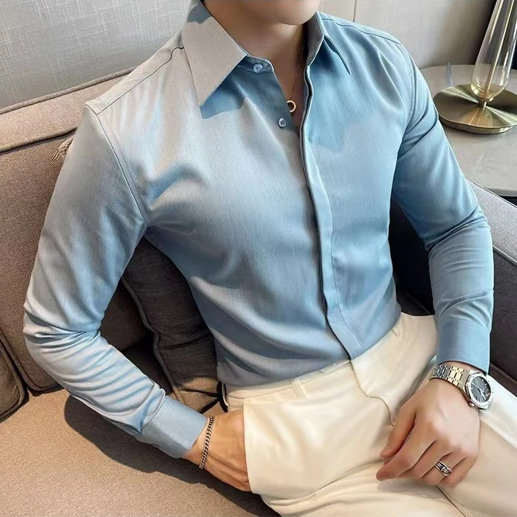 断码少量尖领长袖衬衫--男式衬衫时尚网红款暗门襟修身长袖衬衣