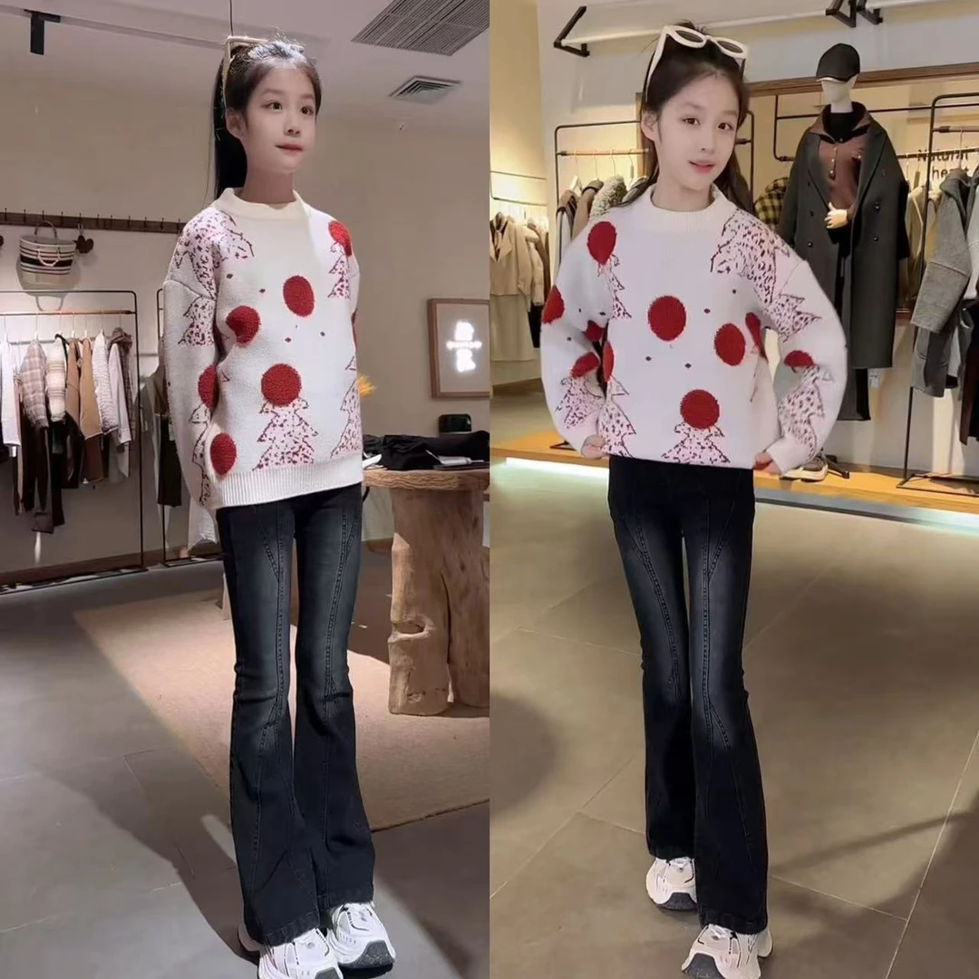 女童加厚毛衣喇叭裤套装2024新款中大童裤子圆领毛衣百搭冬款套装