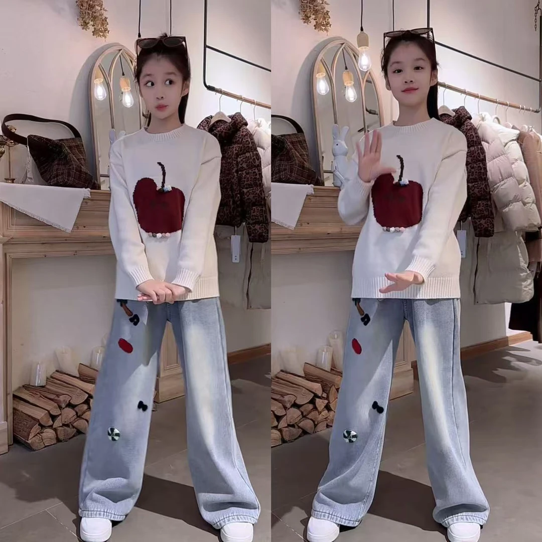 女童毛衣2024冬新款套头刺绣阔腿裤套装韩版中大童加绒裤子百搭