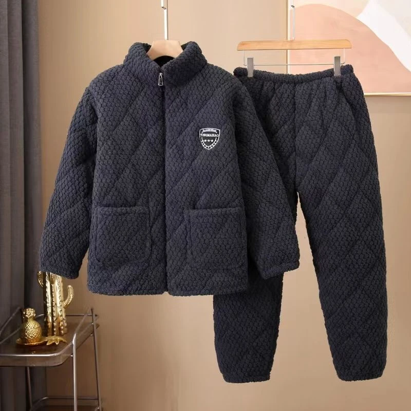 男士冬季加厚加绒三层夹棉珊瑚绒保暖法兰绒家居服睡衣套装冬款