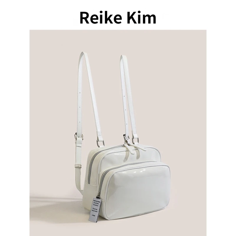 Reike kim自制小众设计感Jennie同款双肩包百搭休闲白色背包 亮面