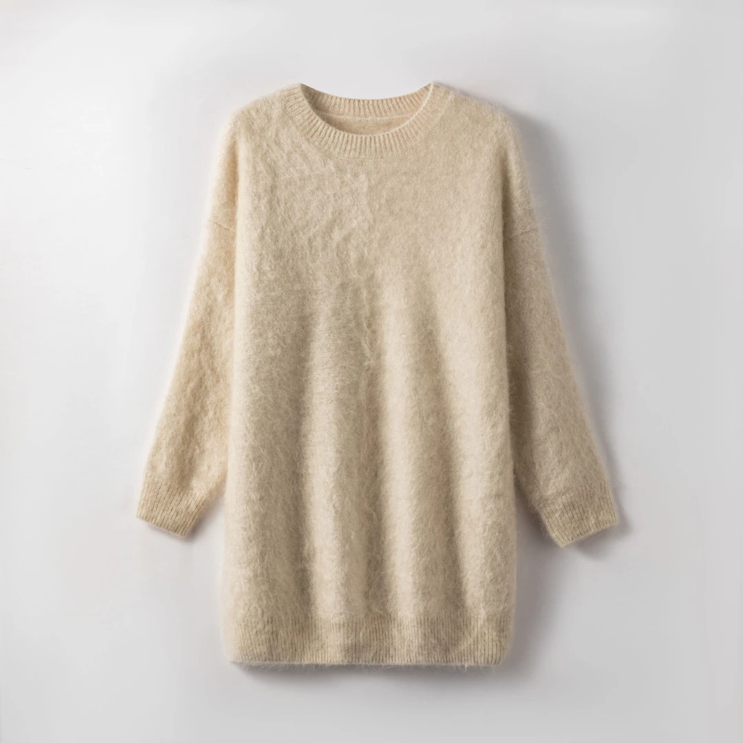 100%山羊绒拉绒长款打底阔版时尚百搭女士针织宽松中长款加厚纯色