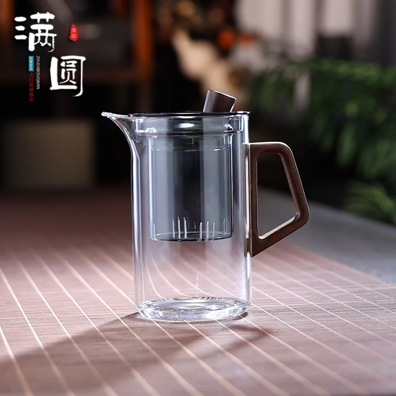 轻奢耐热手工加厚玻璃木把泡茶壶创意茶水分离办公家用带盖泡茶壶