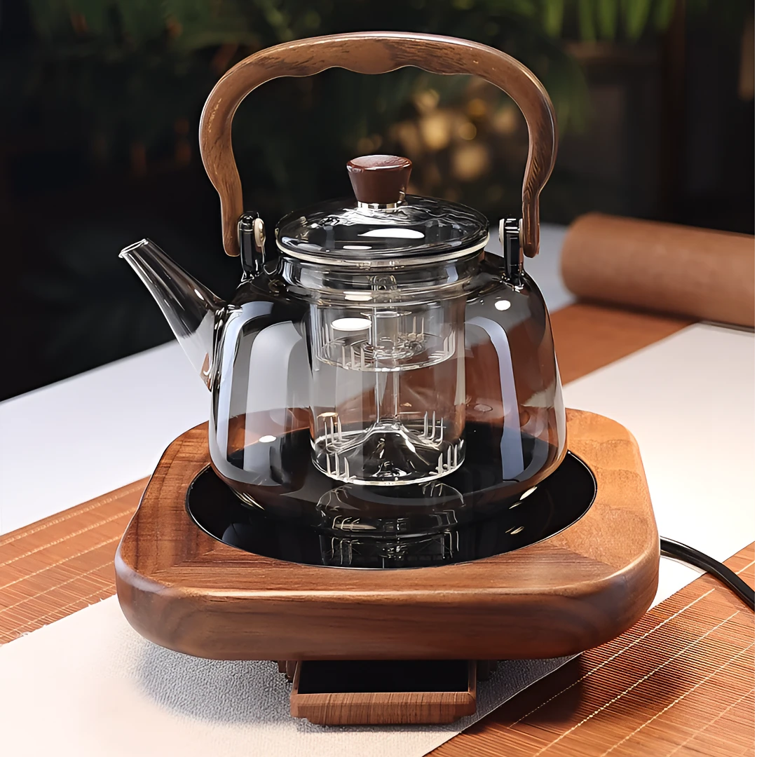 轻奢创意实木电陶炉大容量玻璃茶壶家用煮茶蒸茶炉泡茶壶过滤茶具