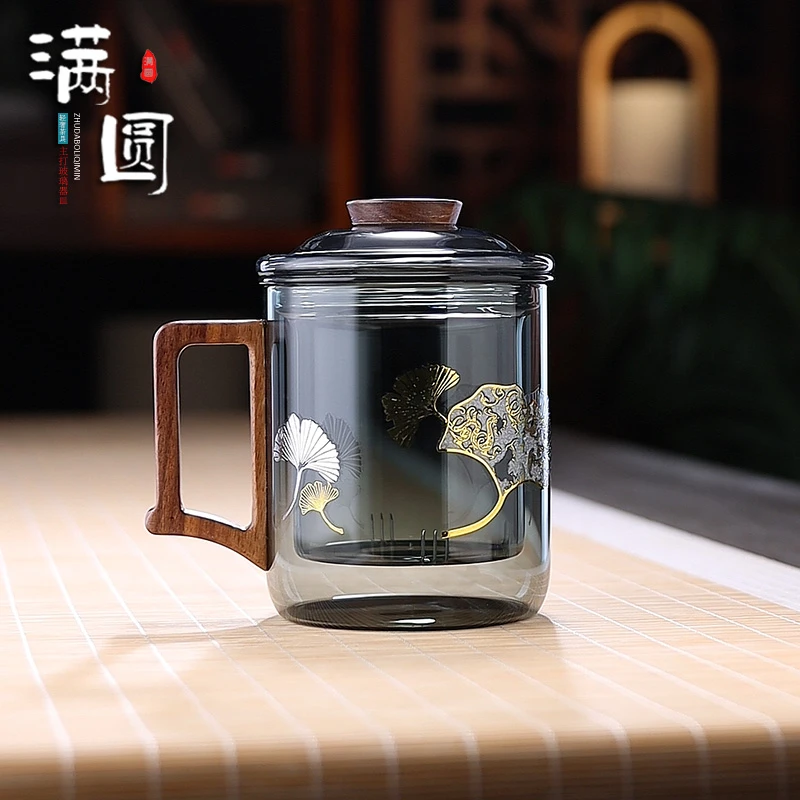 轻奢耐热家用玻璃印花泡茶杯木把杯大容量主人茶水分离办公杯茶具