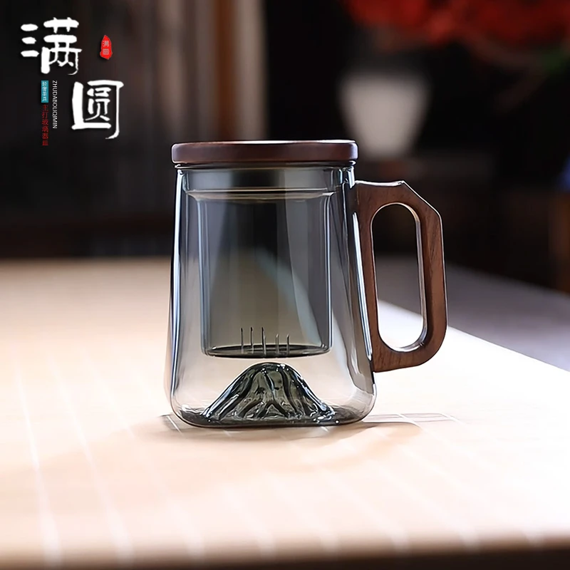 轻奢耐热玻璃加厚方形观山泡茶杯木把创意茶水分离茶水杯木盖茶杯