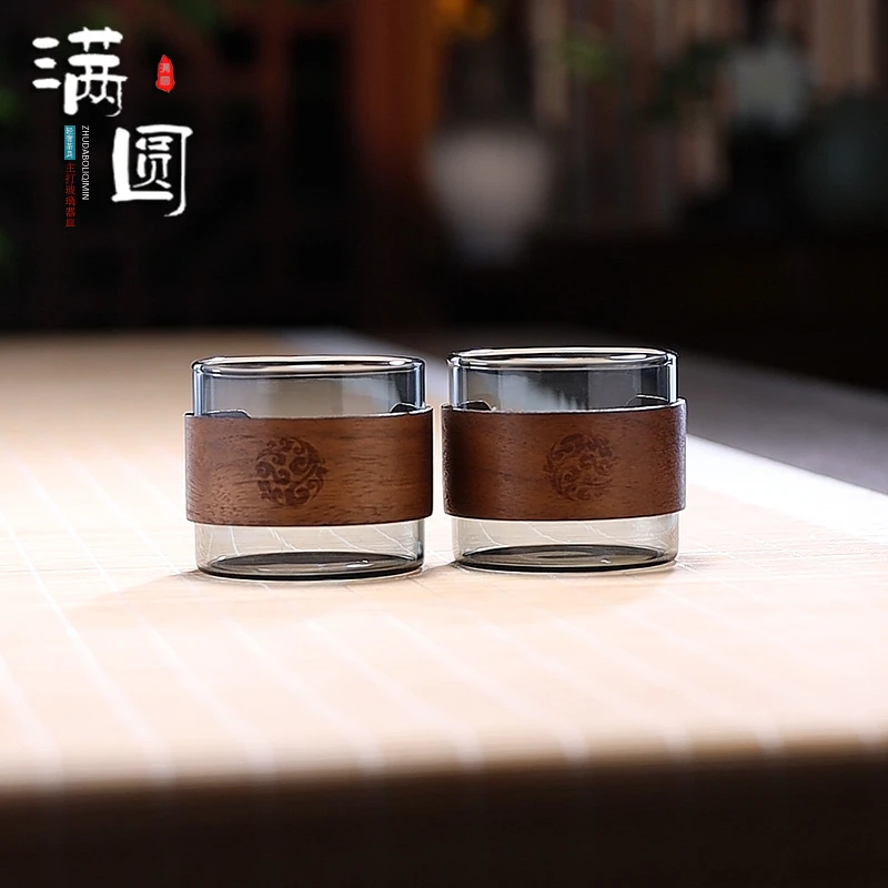 轻奢欧式木扣杯隔热防烫手光面玻璃小茶杯手工打造喝茶品茗主人杯