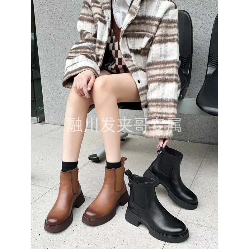 （醉秋风）2024秋冬新款切尔西短靴粗跟英伦真皮厚底烟筒靴26677