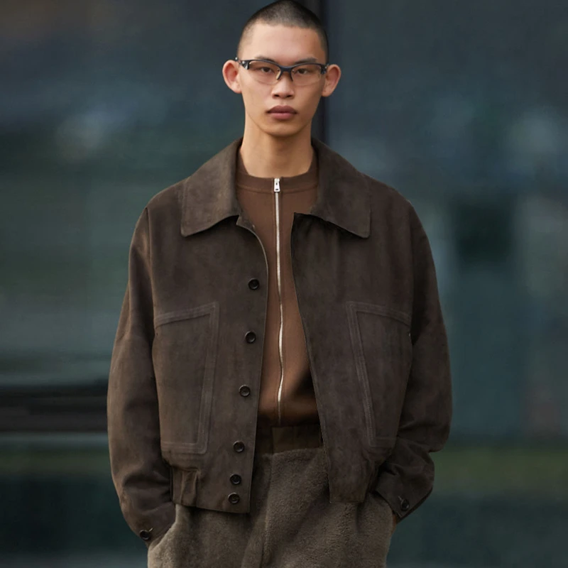 秋冬米兰秀场时髦进口麂皮绒小翻领夹克衫潮男简约轻商务休闲外套