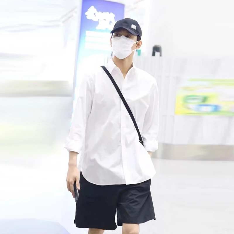 明星同款衬衫秋季高端定制进口时尚长袖衬衫宽松圆弧下摆白色衬衣