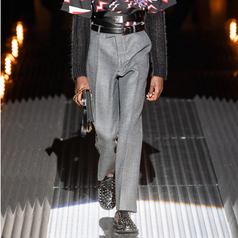 男士休闲裤2025秋冬新款中腰长裤毛呢英伦风灰色时尚威尔士羊毛裤