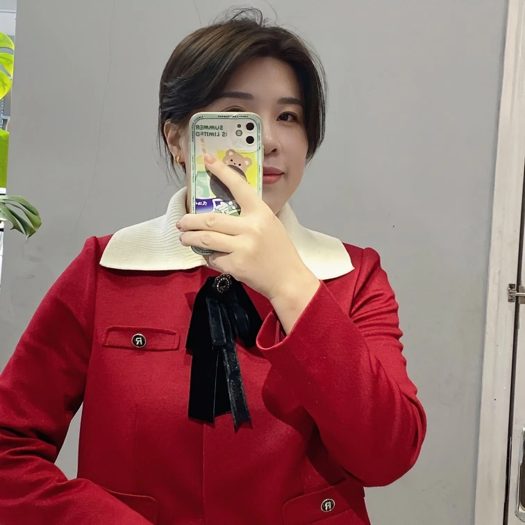 韩姐女装  减龄显白连衣裙两件套红色时尚翻领娃娃领套装毛呢秋冬